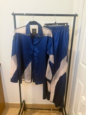 Royal Blue and White Spliced Sheer Panel 2 Piece Pant set w/Button-Up Shirt